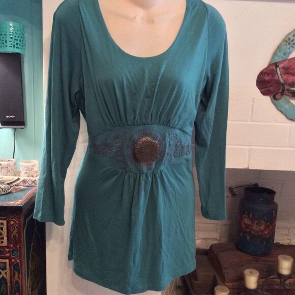 VERTIGO TEAL TUNIC TOP W/ METAL WAIST MEDALLION S - Picture 5 of 6